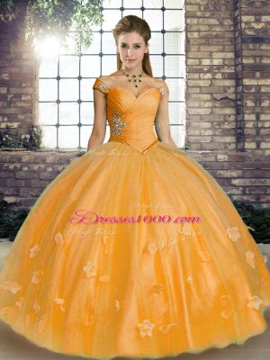 Beauteous Orange Ball Gowns Off The Shoulder Sleeveless Tulle Floor Length Lace Up Beading and Appliques Quinceanera Gown