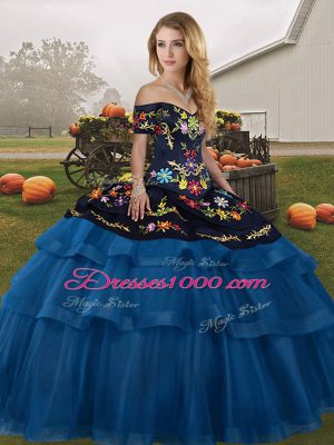 Blue And Black Tulle Lace Up Sweet 16 Dress Sleeveless Brush Train Embroidery and Ruffled Layers