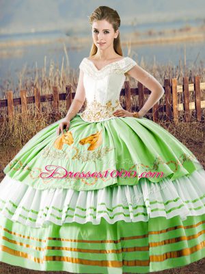 Gorgeous Ball Gowns Satin V-neck Sleeveless Embroidery and Ruffled Layers Floor Length Lace Up Quinceanera Gowns