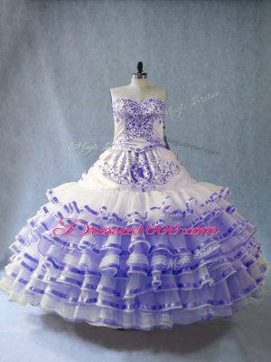 Most Popular Lavender Organza Lace Up Sweetheart Sleeveless Floor Length Quinceanera Dress Embroidery and Ruffled Layers