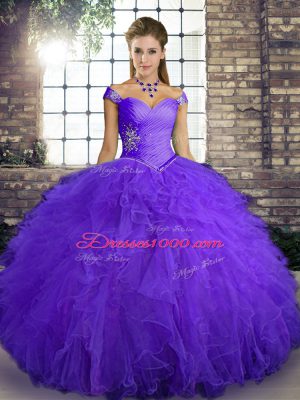 Flirting Tulle Off The Shoulder Sleeveless Lace Up Beading and Ruffles Vestidos de Quinceanera in Purple