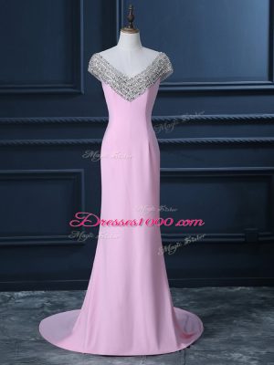 Pink Prom Dress Chiffon Court Train Cap Sleeves Beading