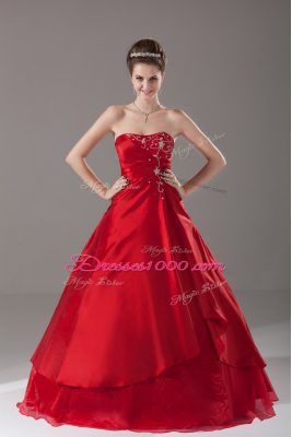 Most Popular Strapless Sleeveless Quinceanera Gown Floor Length Beading Wine Red Organza