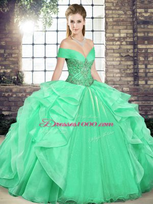 Cheap Apple Green Organza Lace Up Quinceanera Gown Sleeveless Floor Length Beading and Ruffles