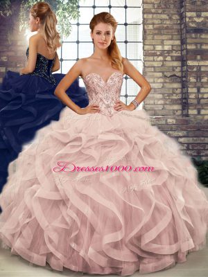 Dazzling Pink Sleeveless Floor Length Beading and Ruffles Lace Up Quinceanera Gowns