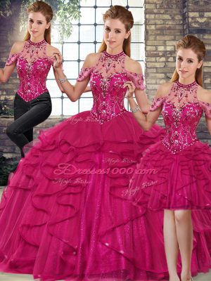 Amazing Fuchsia Halter Top Neckline Beading and Ruffles Quince Ball Gowns Sleeveless Lace Up