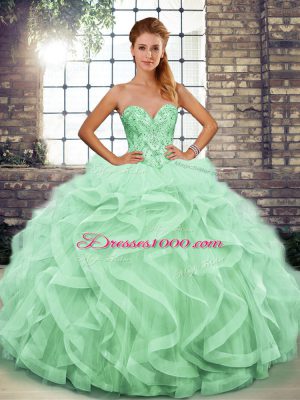 Apple Green Ball Gowns Sweetheart Sleeveless Tulle Floor Length Lace Up Beading and Ruffles Quinceanera Dresses