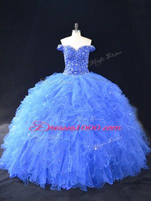 High Quality Blue Ball Gowns Off The Shoulder Sleeveless Tulle Floor Length Lace Up Beading and Ruffles Sweet 16 Dress