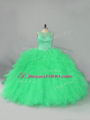 Green Sleeveless Floor Length Beading and Ruffles Lace Up 15th Birthday Dress