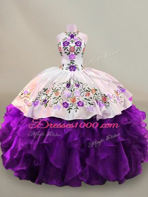 Deluxe Floor Length White And Purple Sweet 16 Dress Organza Sleeveless Embroidery