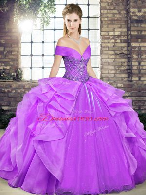 Nice Lavender Organza Lace Up Quinceanera Dress Sleeveless Floor Length Beading and Ruffles