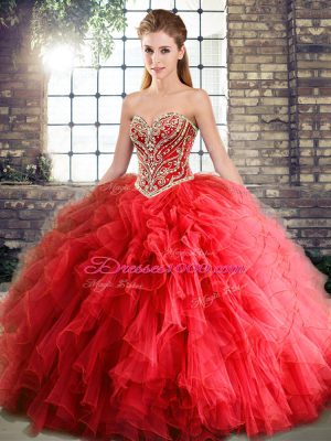 Super Red Sleeveless Floor Length Beading and Ruffles Lace Up Quinceanera Dresses