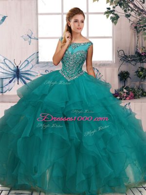 Customized Beading and Ruffles Quinceanera Dresses Turquoise Zipper Sleeveless Floor Length