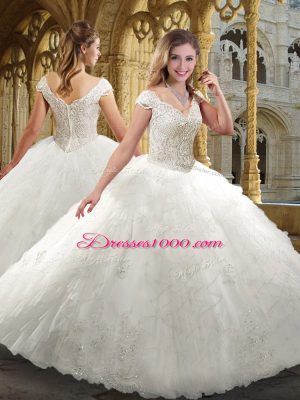 Stunning Floor Length White Bridal Gown Organza Cap Sleeves Beading and Ruffles