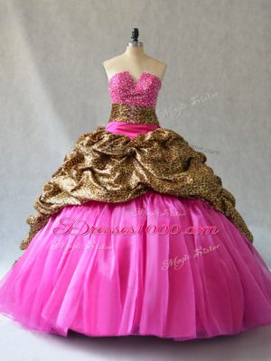 Hot Pink V-neck Neckline Beading and Pick Ups 15th Birthday Dress Sleeveless Lace Up