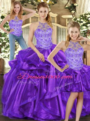 Fantastic Purple Organza Lace Up Quinceanera Gown Sleeveless Floor Length Beading and Ruffles