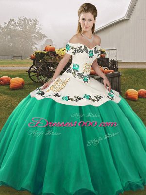 Elegant Turquoise Ball Gowns Embroidery Quince Ball Gowns Lace Up Organza Sleeveless Floor Length