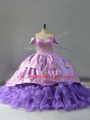 Romantic Lavender Ball Gowns Organza Off The Shoulder Sleeveless Embroidery and Ruffles Lace Up Quinceanera Dress Chapel Train