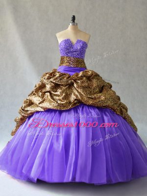 Custom Designed Lavender Sleeveless Organza and Printed Brush Train Lace Up Quince Ball Gowns for Sweet 16 and Quinceanera
