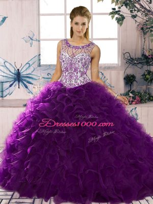 Floor Length Lace Up Quinceanera Dresses Purple for Military Ball and Sweet 16 and Quinceanera with Beading and Ruffles