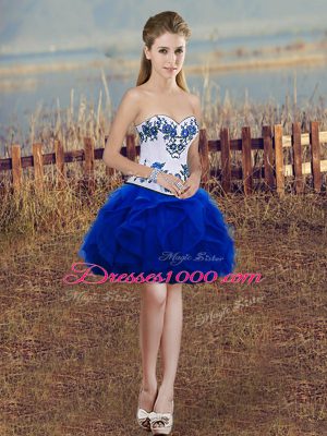 Mini Length Royal Blue Casual Dresses Tulle Sleeveless Embroidery and Ruffles