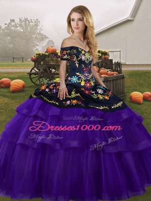Great Brush Train Ball Gowns Sweet 16 Quinceanera Dress Black And Purple Off The Shoulder Tulle Sleeveless Lace Up