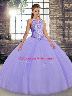 Fitting Tulle Scoop Sleeveless Lace Up Embroidery Ball Gown Prom Dress in Lavender