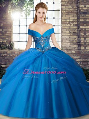 Nice Blue Off The Shoulder Neckline Beading and Pick Ups Ball Gown Prom Dress Sleeveless Lace Up