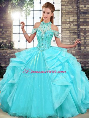 Great Aqua Blue Organza Lace Up Halter Top Sleeveless Floor Length Quinceanera Dresses Beading and Ruffles