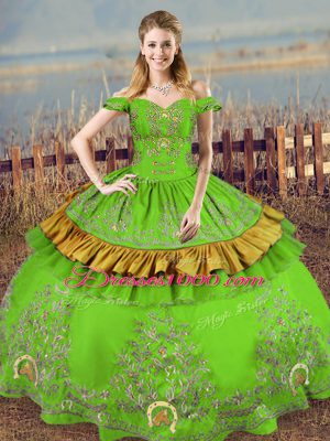 Clearance Floor Length Green Sweet 16 Dress Off The Shoulder Sleeveless Lace Up