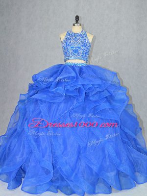Attractive Blue Sleeveless Organza Court Train Backless Quinceanera Dresses for Sweet 16 and Quinceanera