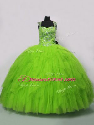 High Class Tulle Sleeveless Floor Length Ball Gown Prom Dress and Beading and Ruffles