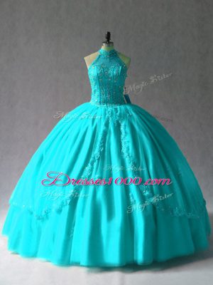 Free and Easy Aqua Blue Halter Top Lace Up Appliques Ball Gown Prom Dress Sleeveless