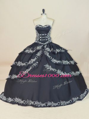 Black Ball Gowns Sweetheart Sleeveless Satin Floor Length Lace Up Embroidery Quinceanera Gowns