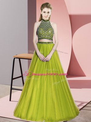 Floor Length Olive Green Evening Dress Tulle Sleeveless Beading