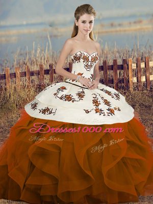 Sweetheart Sleeveless Tulle 15 Quinceanera Dress Embroidery and Ruffles and Bowknot Lace Up