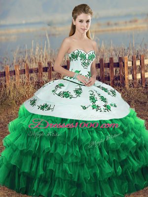 Green 15th Birthday Dress Military Ball and Sweet 16 and Quinceanera with Embroidery and Ruffled Layers and Bowknot Sweetheart Sleeveless Lace Up