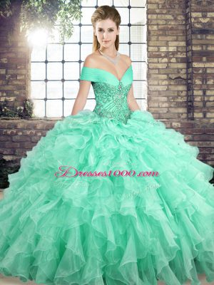 Apple Green Sleeveless Beading and Ruffles Lace Up Quinceanera Dress