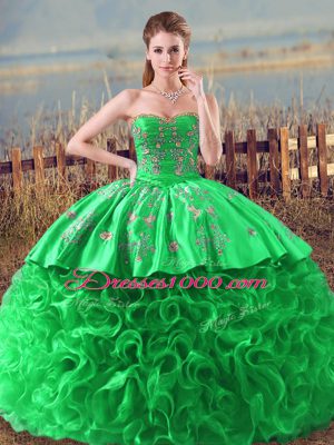 Unique Green Sleeveless Embroidery and Ruffles Lace Up Sweet 16 Dresses