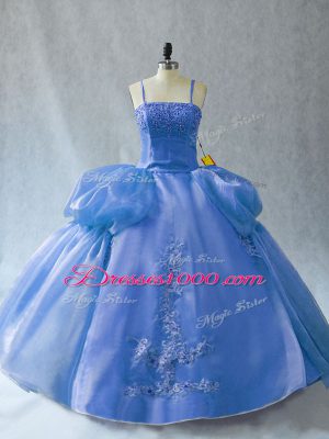 Sleeveless Organza Floor Length Lace Up Vestidos de Quinceanera in Blue with Appliques