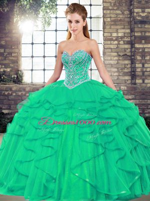 Superior Tulle Sweetheart Sleeveless Lace Up Beading and Ruffles 15th Birthday Dress in Turquoise
