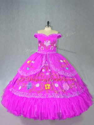 Gorgeous Floor Length Lace Up Quinceanera Dresses Fuchsia for Sweet 16 and Quinceanera with Embroidery