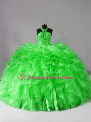 Ball Gowns Halter Top Sleeveless Organza Brush Train Lace Up Beading and Ruffles Sweet 16 Dress