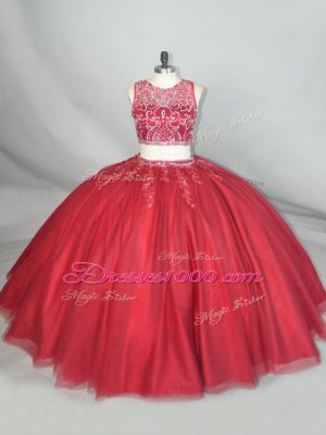 Wonderful Red Zipper Scoop Beading and Appliques Sweet 16 Dresses Tulle Sleeveless