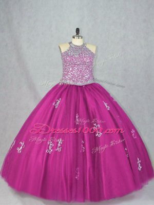 Pretty Fuchsia Lace Up Halter Top Beading and Appliques Quince Ball Gowns Tulle Sleeveless