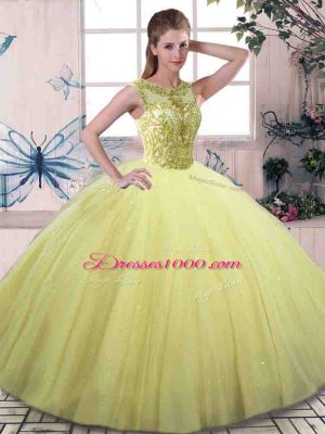 Sleeveless Floor Length Beading Lace Up Quinceanera Dresses with Yellow Green