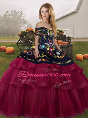 Fuchsia Quinceanera Dress Tulle Brush Train Sleeveless Embroidery and Ruffled Layers