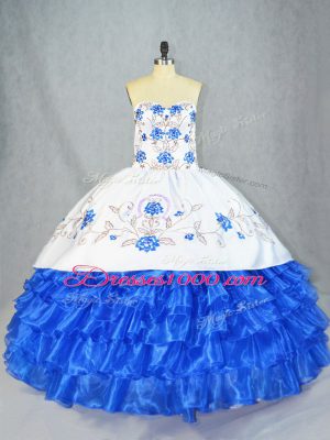 Classical Blue And White Organza Lace Up Sweet 16 Quinceanera Dress Sleeveless Asymmetrical Embroidery and Ruffled Layers