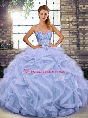 Floor Length Lavender Quinceanera Gowns Tulle Sleeveless Beading and Ruffles