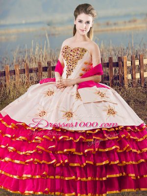 High Class Sweetheart Sleeveless Quinceanera Gown Floor Length Beading and Ruffled Layers Fuchsia Organza